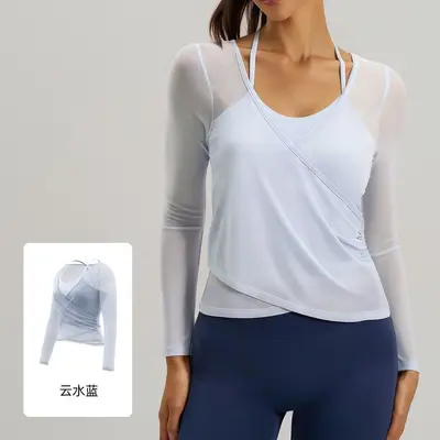 Fake Two-Piece Mesh Long Sleeve Yoga Top with Built-in Chest Pad - 10