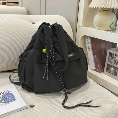Japanese-Style Large Canvas Drawstring Bucket Backpack - 7