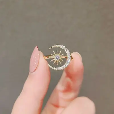 Star and Moon Women's Ring, Open-Ended, Silver Tone - 1