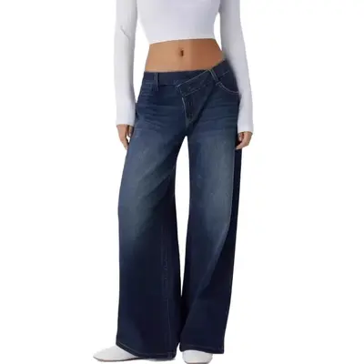 Kadın Denim Bol Paça Pantolon Retro Gevşek Kesim Yüksek Bel