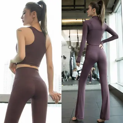 瑜伽服套装女紧身拉链立领运动外套上衣训练跑步显瘦微喇健身长裤