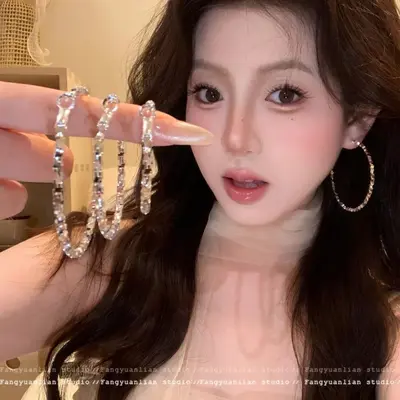 s925银针碎银子圈圈耳环夸张百搭素圈耳圈小众高级感轻奢耳钉耳饰