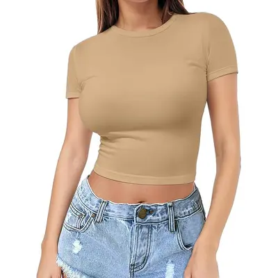 Cross-border European and American style crop top t-shirt hot girl summer sweater women's slim round neck fashion milk silk short sleeve - 12