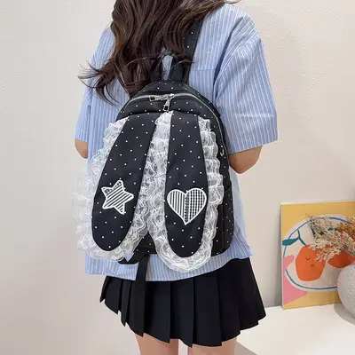 Indigo Smoke Mesh Bunny Ear Student Backpack Japanese Style Cute Girls School Bag High-Value Casual Versatile Travel Shoulder Backpack - 3