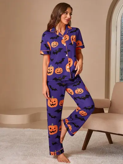 Halloween Printed Women's Pajama Set with Short Sleeve Shirt and Pants - 9