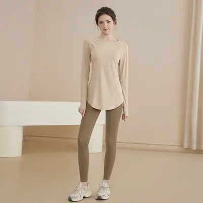 2025秋冬季新款瑜伽健身纯色长袖中长款显瘦瑜伽服健身服套装 - 9