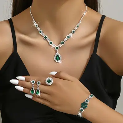 Moda Avrupa Amerika Yeni Koleksiyon Lüks Kristal Mücevher Kadın Su Damlası Kolye Küpe Bileklik Yüzük Seti - 2