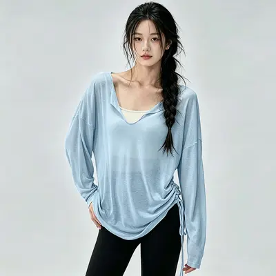 宽松瑜伽服罩衫女V领慵懒风侧边抽绳跑步运动长袖健身服套装上衣 - 8