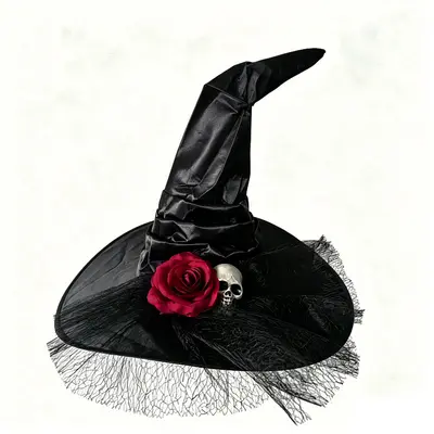 Black Pleated Mesh Witch Hat for Halloween and Cosplay Costume - 10