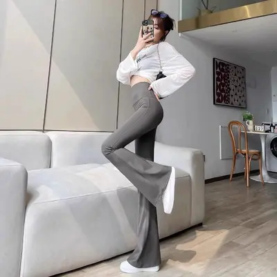 Damen-Mikro-Flare-Haifischhose, hohe Taille, dünn, elastisch - 8