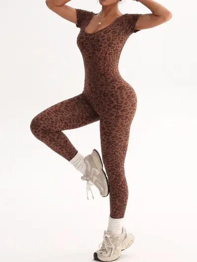 Damen Yoga-Jumpsuit, Leoparden-Muster, Hochbund, freier Rücken