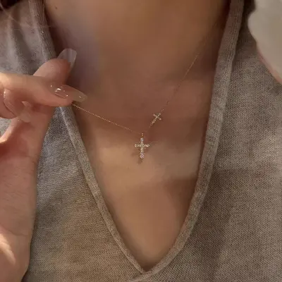 Doppelkreuz-Halskette mit Kristallen, Damen, elegantes Vintage-Design