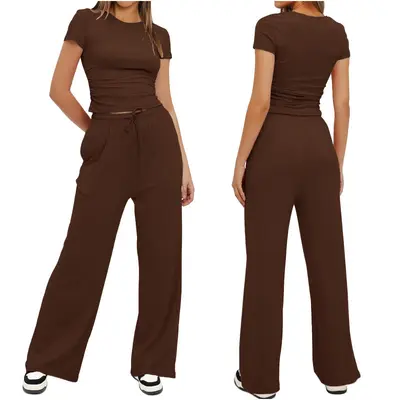 Women's Long Sleeve Set with High-Waist Wide-Leg Pants
