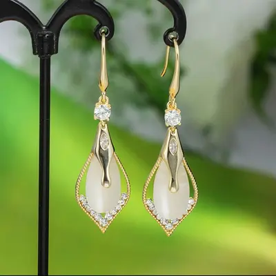Women's Earrings, Cat Eye Stone, Water Drop Shape