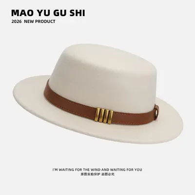 Hepburn-Style French Belt-Decorated Wool Flat-Top Fedora Hat for Women, Autumn/Winter, British Socialite Vintage Versatile Jazz Hat