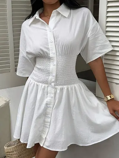 White Women's Vacation Dress, Solid Color, Waist-Cinching, Short Sleeve Shirt Dress