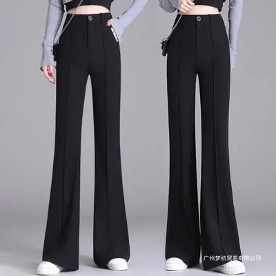 加绒加厚黑色微喇裤女2026秋冬新款高腰修身显瘦弹力休闲西装长裤