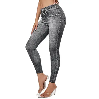 Damen-Yogahose mit hohem Bund, Po-Lifting, Jeans-Optik - 6