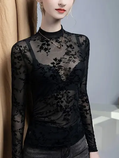 Sexy Damen-Spitzenbluse mit Stehkragen, transparenter Netzstoff, schmal geschnitten