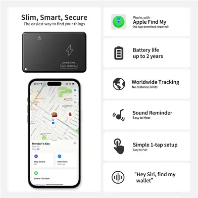 Apple Find My compatible AirTag, card-style smart wallet