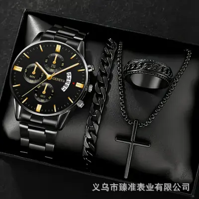 Men's watch set, black gold steel band with cross pendant - 3