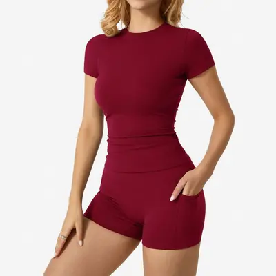 Women's Yoga Set 15 Colors, Nylon Double-Sided Brushed, Pocket Top and Shorts - 9