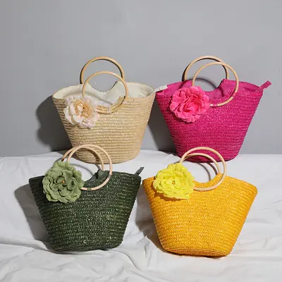 Damen-Handtasche aus Strohgeflecht mit Holzgriff, Landhausstil - 5
