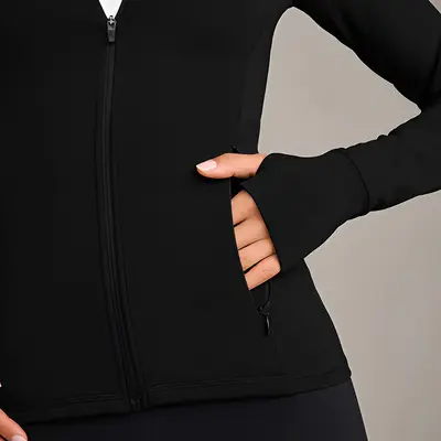 Kadın yoga ceketi, dik yaka, slim fit fermuarlı, parmak kancalı