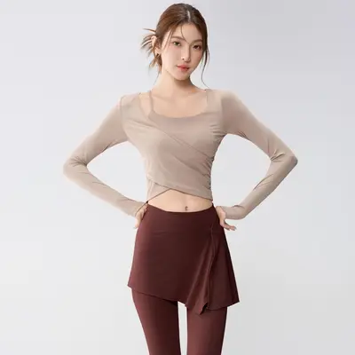 Women's Yoga Set with Built-in Chest Pads, Long Sleeve Faux Two-Piece Fitness Set - 11