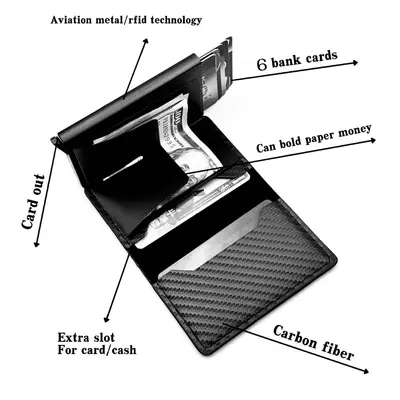 Çoklu kart yuvalı, otomatik açılır metal kart kutusu, RFID hırsızlığa karşı korumalı fırçalanmış karbon fiber kart tutuculu sınır ötesi Avrupa ve Amerikalı erkek cüzdanı