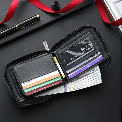Men's Zipper Short Bifold Wallet with Multi-Function Card Holder