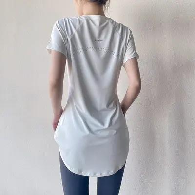 瑜伽服夏季女短袖中长款遮臀宽松显瘦跑步健身T恤运动上衣女