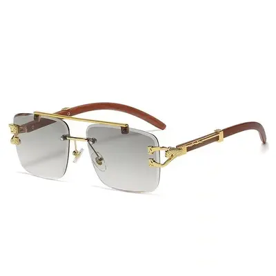 Frameless Square Sunglasses, Leopard Print, Wood-Grain Temples, UV Protection - 12