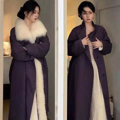 Kadın Kış Diz Altı Parka, Polar Astarlı, Çıkarılabilir Kürk Yakalı - 7