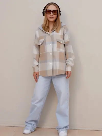 Women's Hooded Plaid Cardigan Jacket, Long Sleeve