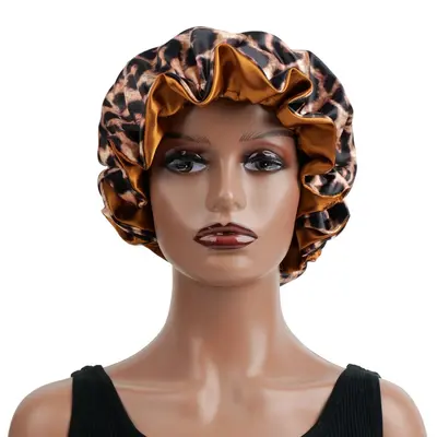 Satin Sleep Cap with Lace Trim, Hair-Care Bonnet, Leopard Print