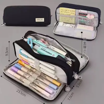Large-Capacity Oxford Cloth Pencil Case, Double Zip, Korean Style - 7