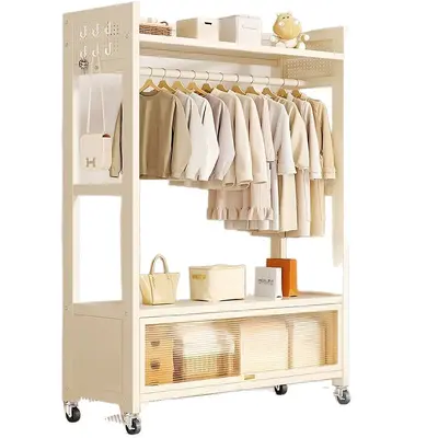Freestanding Coat Rack with Wheels, Movable Bedroom Clothes Rack