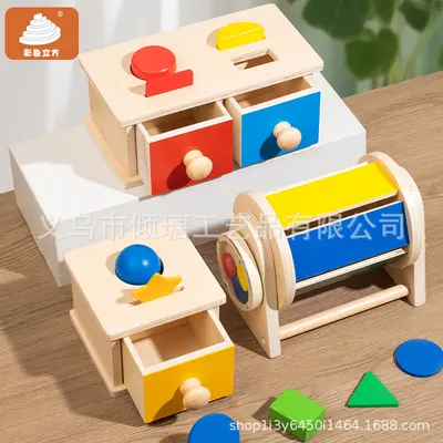Wooden Drawer Box 2-in-1 Montessori Teaching Tool Permanent Goal Box Infant Coin Drop Box Toy