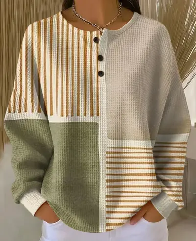 Damen-Waffel-Sweatshirt, Retro-Stil, Digitaldruck, lässige Passform - 10