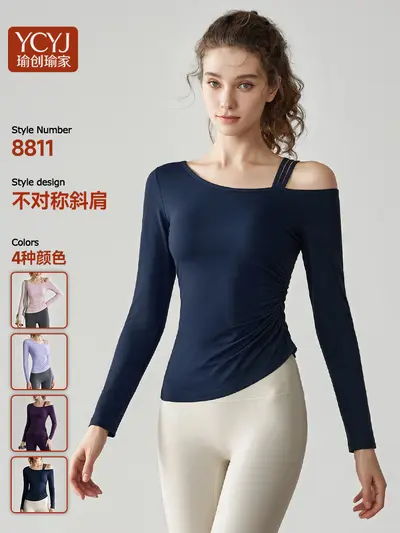 跨境外贸瑜伽服女秋冬新款透气长袖T恤运动户外普拉提健身服上衣