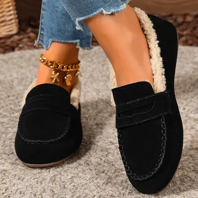 Kadın büyük numara loafer ayakkabı, kışlık kadife astarlı, peluş düz taban