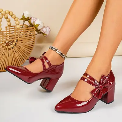 2026 Spring New Arrival Foreign Trade Plus Size Women's Chunky Heel High Heels European and American Style Pointed Toe Lightweight Comfortable Bow Knot