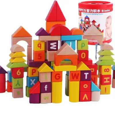 Solid Wood 100-Piece Large Building Blocks Toy for Kids Ages 2-4 - 6