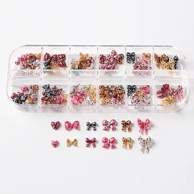 Cross-border New Arrival Nail Accessories, Ins Style Spicy Girl Polka Dot Leopard Print Bow 12-Grid Mixed Set 3D Nail Decorations