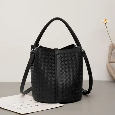 Genuine Leather Woven Bucket Bag for Women