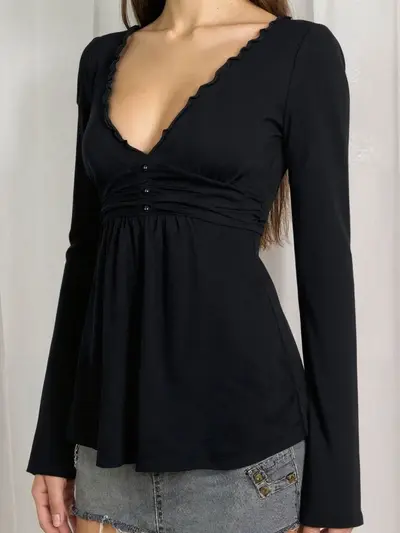 Damen Langarmshirt mit V-Ausschnitt, Rüschen, A-Linie, einfarbig