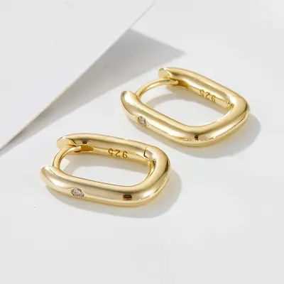Silberne Ohrringe, ovale U-Form, mit Diamanten, minimalistisch - 7
