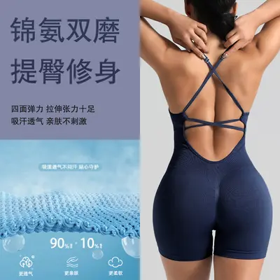 Dikişsiz Tek Parça Yoga Tulumu, Arkası Açık, Askılı Fitness Kıyafeti - 5
