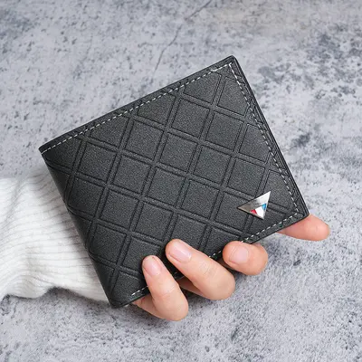 Men's short wallet, plaid pattern, slim soft leather, multi-card slots - 1